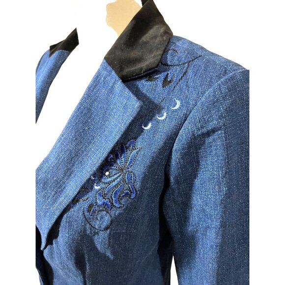 Coldwater Creek Vintage Velvet Embroidered Denim Blazer Sz 4 Petite Blue Black - Picture 3 of 14